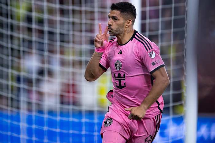 Luis Suarez pictured celebrating after scoring a late equalizing goal for Inter Miami in a 2-2 draw at Nashville in March 2024
